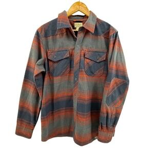 LL Bean Mens Flannel Shirt Medium Red Blue Striped Wool Blend Snap Front
